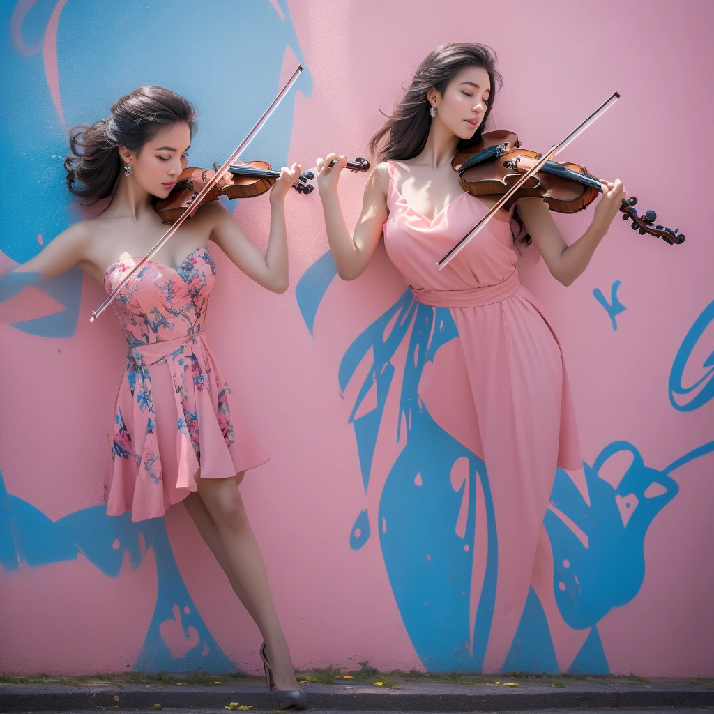 A beautiful girl playing the violin with a vibrant graffiti-covered wall in the background, creating a striking contrast between classical beauty and modern street art.
