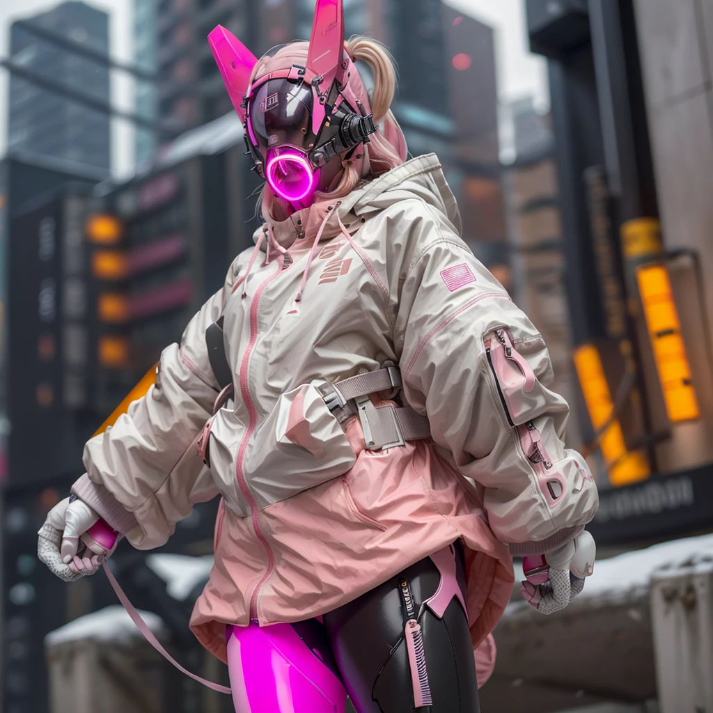 1girll, helmet, Hood, Solo, White_Spacesuit, Extra-long_Hair, bangs, Jacket, The upper part of the body_Body, Pink_Hair, Blurry, Coat, Grey_Eyes, Mask, Blurry_Background, Backpack, zippers, Mouth_Mask, Covered_Mouth, Urban tech clothing, Outfit,lowerbody,Fair long legs,Unequal cyber leggings,with light glowing,zipperechanical booties,Full body shot from head to stomach, ((close up))。