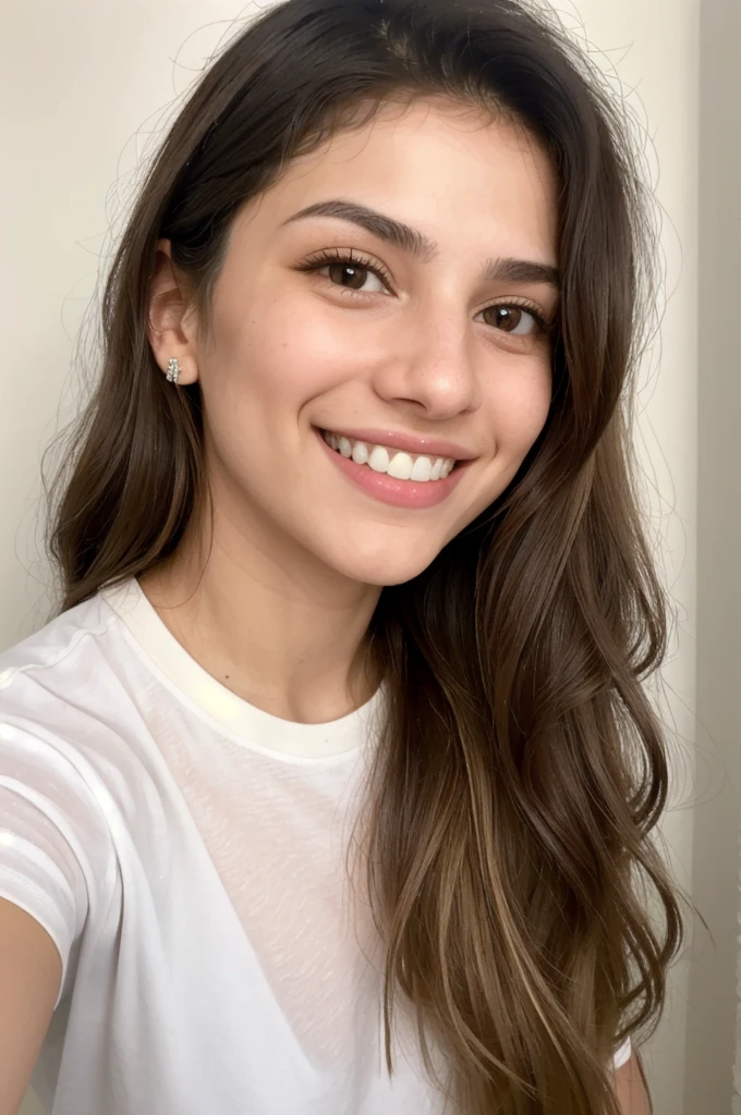 24YO, small nose, one attractive Jordanian women, light neon shirt, cute smile, cute face, white teethes, skinny face, light brown eyes, black/blonde long hair