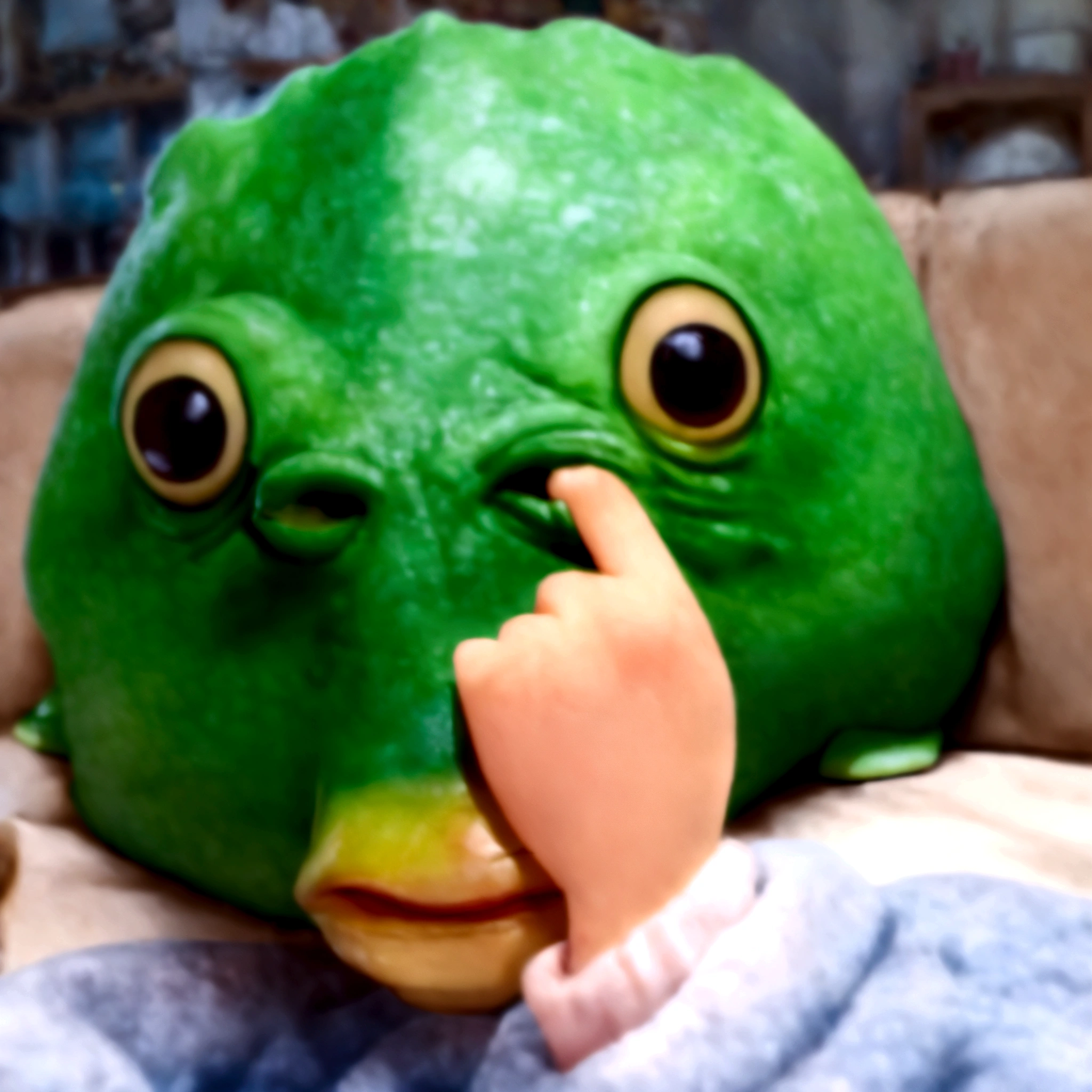 arafed green bird mask with finger on nose and hand on nose, the mask covers her entire face, peepo the frog!!!, green head, 4 chan pepe, 🐋 as 🐘 as 🤖 as 👽 as 🐳, disgust, 🐿🍸🍋, you g face, pepe the frog, reptile face, pepe frog
