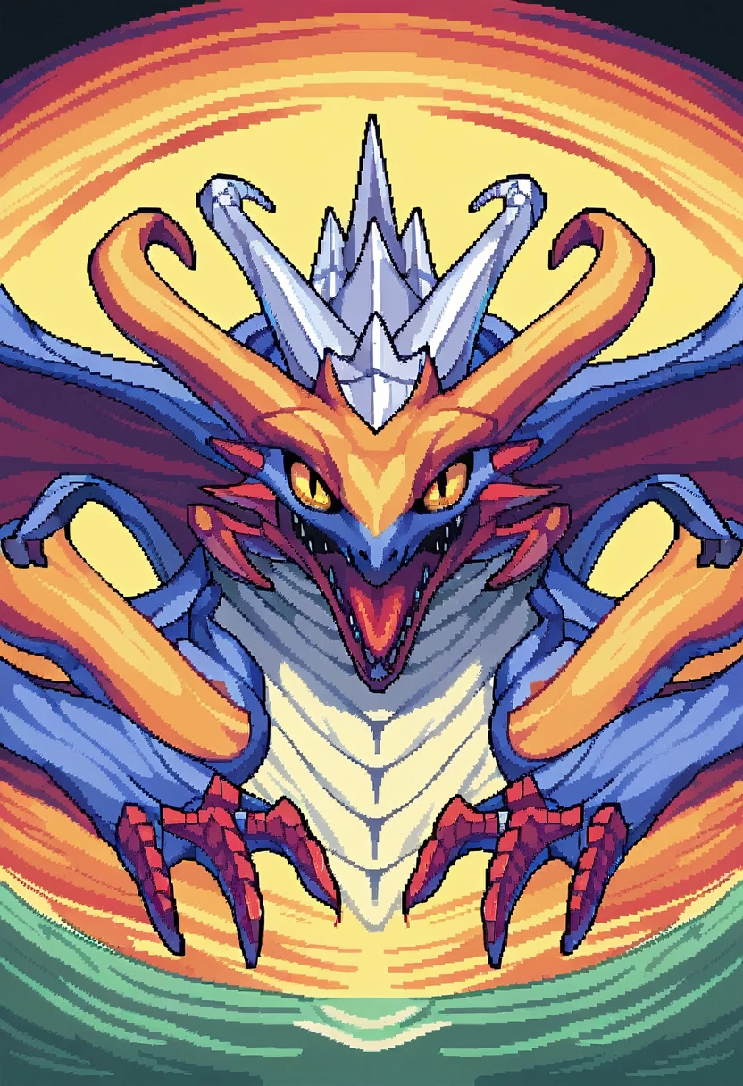 Create a pixel art style representation of a dragon radiating energy, com seus olhos brilhando com sabedoria antiga. The explosive scene should amplify the dragon sagacious Strength and enigmatic aura, transmitindo intensidade, Strength, and passion. Utilize epic action and cinematic lighting to enhance the stunning composition, capturing the magical representation of the wisdom and power of birds. Make sure the pixel art style adds charm and nostalgia to the scene, evoking a feeling of awe and wonder at the majestic presence of the dragon