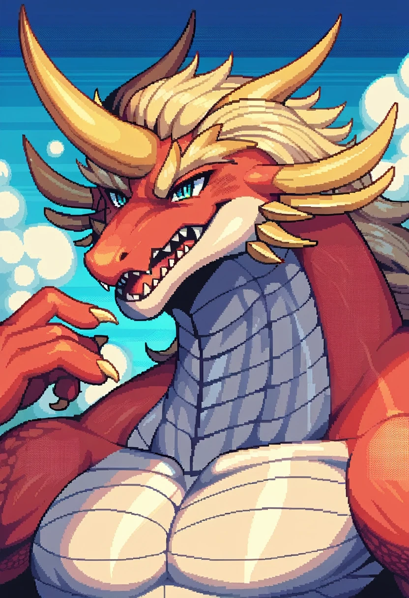 Create a pixel art style representation of a dragon radiating energy, com seus olhos brilhando com sabedoria antiga. The explosive scene should amplify the dragon sagacious Strength and enigmatic aura, transmitindo intensidade, Strength, and passion. Utilize epic action and cinematic lighting to enhance the stunning composition, capturing the magical representation of the wisdom and power of birds. Make sure the pixel art style adds charm and nostalgia to the scene, evoking a feeling of awe and wonder at the majestic presence of the dragon