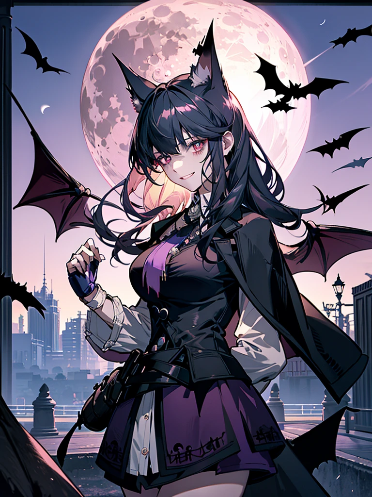 (((Visual impact,flying shadow))),((((flying bats,bats shadow,grow pink moon)))),((round frame:1.3)),full moon,bloody moon,(City of night,in street),(lamp),(large gate:1.3),(sence of depth:1.5),(madeon) BREAK solo,girl,kawaii,vampire girl,((black_hair,long hair,black_eyes)),(((sadistical smile))),pure white skin,[flushed face elbows knees shoulders],(pink_Pupils),(Gothic dress,classic dress),(((elegant posing))),(absurdres,highres,superlative),((texture)),((contrast)),(top quality,masterpiece),