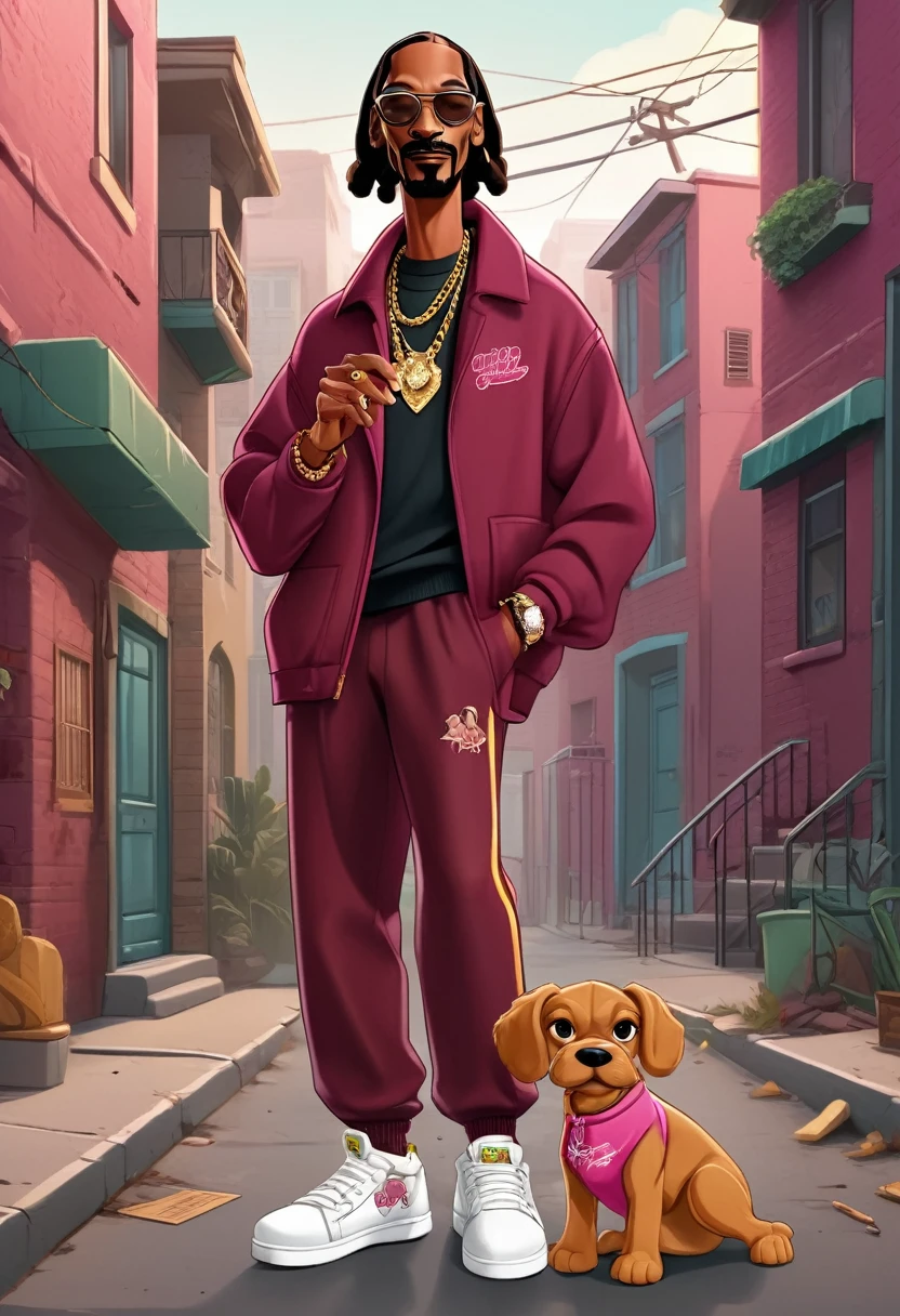 Singer Snoop Dogg in burgundy velvet jacket sports pants holding small pink dog with golden cholera in ghetto neighborhood Cartoon Vector art with details.