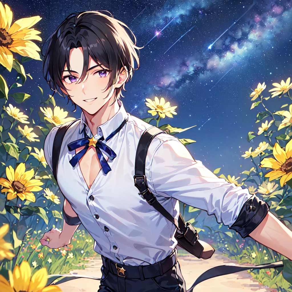 masterpiece,best quality,high quality,(1male austere handsome solo adult age 30 years old:1.5), purple eyes, cool with suspended eyes, V-shaped eyebrows, body strong and fearless 8.5 head tall, height 185cm, (well-groomed black short hair down to neck:1.4), (bangs 7 thirds parted:1.4), slender nose, facial muscles, throat, (pants with star print summer fashion:1.3), (running), (stylish pose), (fearless smile:1.3), (background southern star flower field:1.3), (starry sky:1.3), (upper body:1.3)