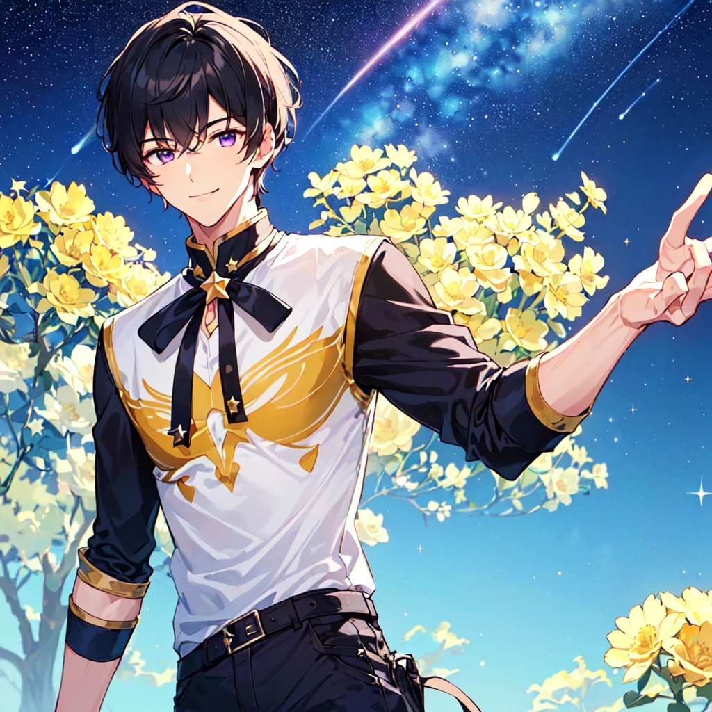 masterpiece,best quality,high quality,(1male austere handsome solo adult age 30 years old:1.5), purple eyes, cool with suspended eyes, V-shaped eyebrows, body strong and fearless 8.5 head tall, height 185cm, (well-groomed black short hair down to neck:1.4), (bangs 7 thirds parted:1.4), slender nose, facial muscles, throat, (pants with star print summer fashion:1.3), (running), (stylish pose), (fearless smile:1.3), (background southern star flower field:1.3), (starry sky:1.3), (upper body:1.3)