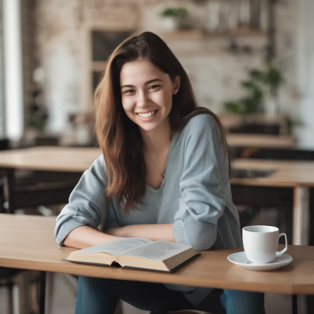 Close-up face of a young woman in her twenties with a beautiful smile, wearing casual clothes, next to a book in digital format that is free on a table