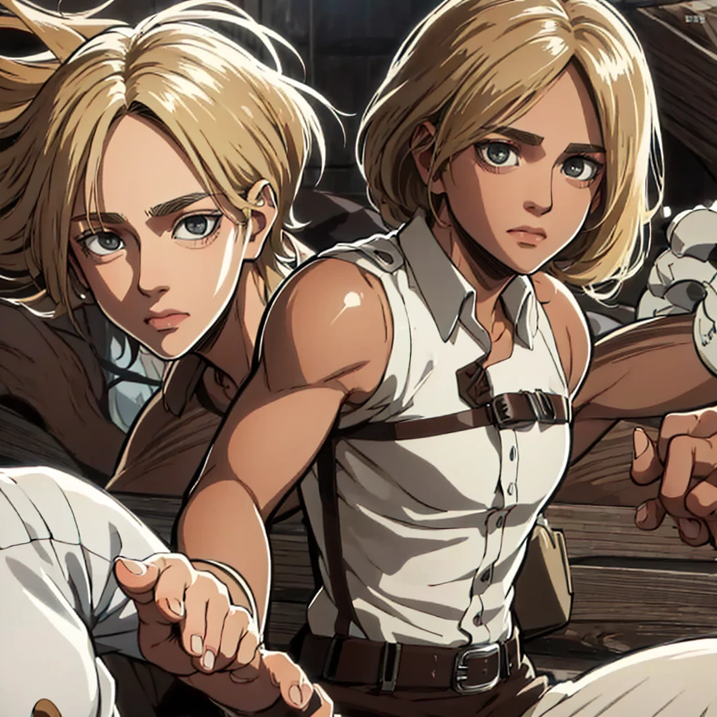 Chico/hombre que mide 1,56. Tiene lentes redondos, Brown eyes and blond hair whores, su color natural es negro, more feminine facial features, ocupa uniforme de Shingeki no kyojin 