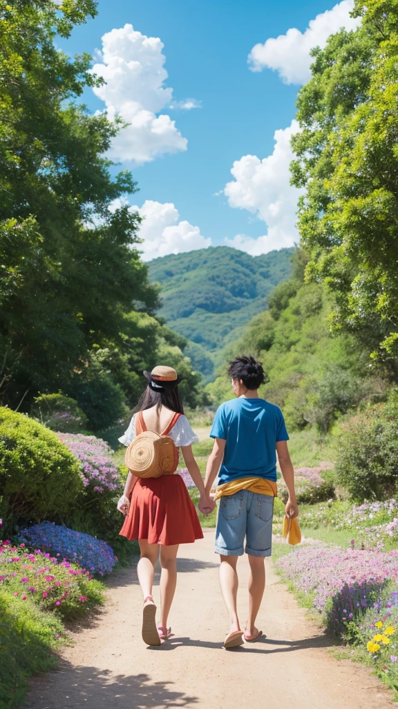 /imagine prompt: A high-resolution illustration of Luffy from One Piece and O-panchu Usagi walking together, with their arms around each other's shoulders. The background features a vibrant and whimsical landscape, full of colorful flowers and a bright blue sky. Created using: digital art, vibrant color palette, dynamic composition, anime style, detailed textures, hd quality --ar 16:9 --v 6.0