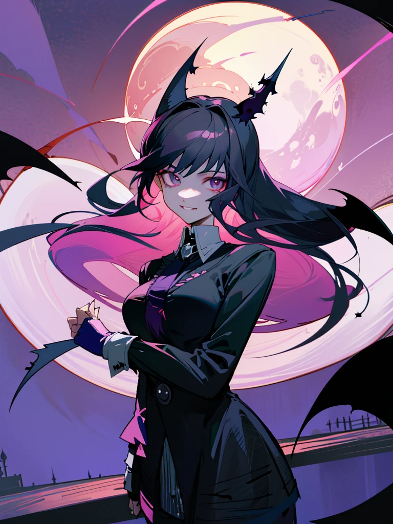 (((Visual impact,flying shadow))),((((flying bats,bats shadow,grow pink moon)))),((round frame:1.3)),full moon,bloody moon,(City of night,in street),(lamp),(large gate:1.3),(sence of depth:1.5),(madeon) BREAK solo,girl,kawaii,vampire girl,((black_hair,long hair,black_eyes)),(((sadistical smile))),pure white skin,[flushed face elbows knees shoulders],(pink_Pupils),(Gothic dress,classic dress),(((elegant posing))),(absurdres,highres,superlative),((texture)),((contrast)),(top quality,masterpiece),