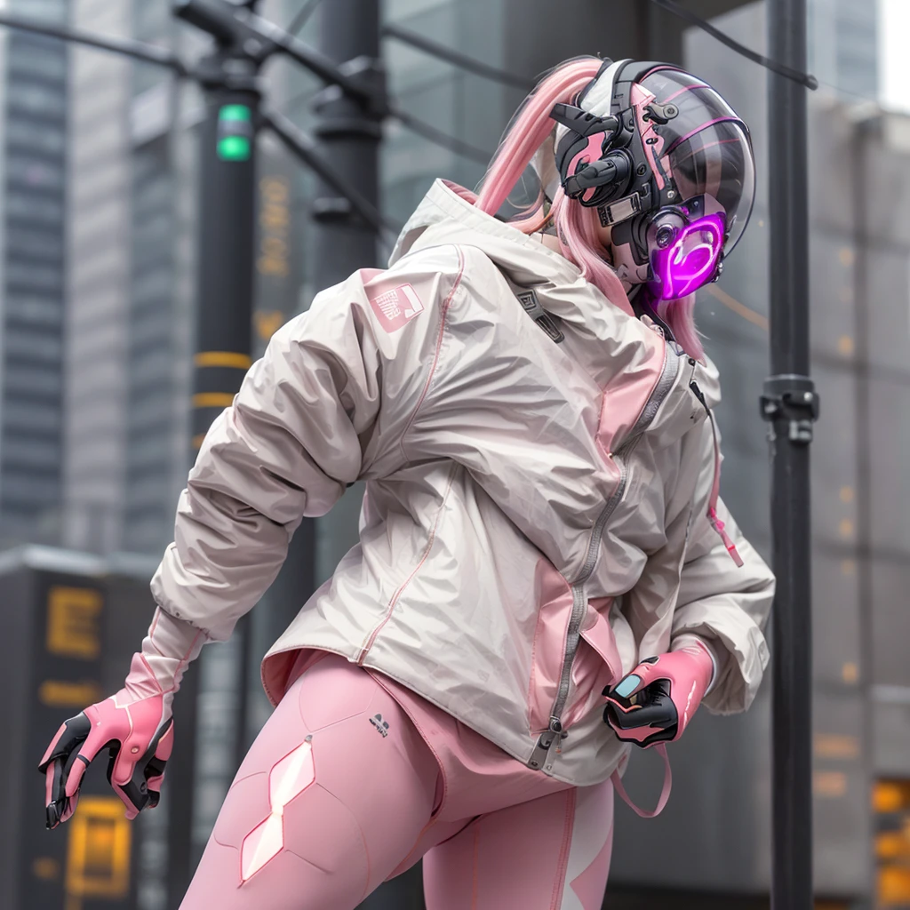 1girll, helmet, Hood, Solo, White_Spacesuit, Extra-long_Hair, bangs, The upper part of the body_Body, Pink_Hair, Blurry, Coat, Grey_Eyes, Mask, Blurry_Background, Backpack, zippers, Mouth_Mask, Covered_Mouth, Urban tech clothing, Outfit,lowerbody,Fair long legs,Unequal cyber leggings,with light glowing,zipperechanical booties, ((close up))。