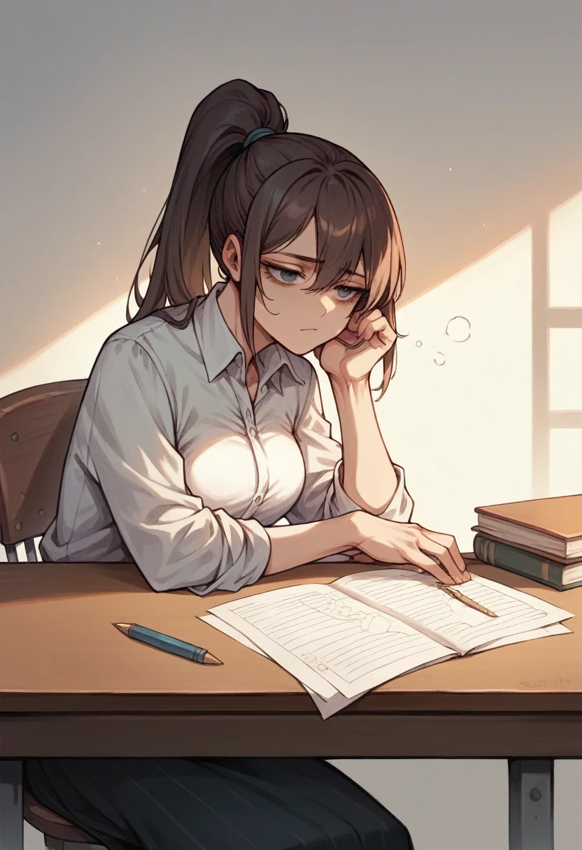 top quality,girl,high ponytail hairstyle,(wearinglong sleeved blouse),perfect face,a tired expression,a gentle gaze,best shadows,sitting on a desk