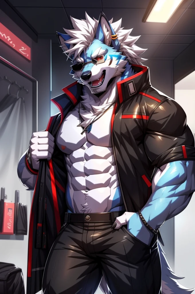 solo, anthro, furry, furry male, wolf, ((fluffy fur, fluffy, furry body)), (wolf print), red eyes, hair tuft, long hair, (light blue body, blue body, muscles), wolf tail, ((white hair, mohawk hair)), (white muzzle, white forearms), Camera Recording POV, Camera POV, security footage pov, phone in hand, detailed fluffy fur, detailed face, detailed eyes, puffy arctic coat cropped, puffy coat, winter coat, cropped coat, sunglasses, aviator sunglasses, black trousers, gold earring, tight clothes, white shoes, black aviator sunglasses, smaller arms (full body, round ass, fluffy ass, Red LED glowing collar), cyberpunk, valorant,(by DRKS, by raccoon21, by Sollyz, by null-ghost, masterpiece, high quality,hi res,8k hd), close-view portrait, looking at viewer, indoors, changing room, clothing store, cute face, open mouth, teeth, detailed teeth, grinning expression, camera view angled from above, heavy shadows, athletic build, full body,