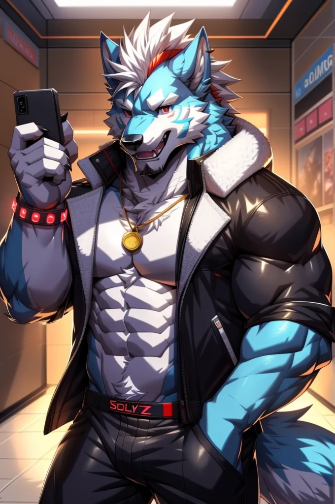 solo, anthro, furry, furry male, wolf, ((fluffy fur, fluffy, furry body)), (wolf print), red eyes, hair tuft, long hair, (light blue body, blue body, muscles), wolf tail, ((white hair, mohawk hair)), (white muzzle, white forearms), Camera Recording POV, Camera POV, security footage pov, phone in hand, detailed fluffy fur, detailed face, detailed eyes, puffy arctic coat cropped, puffy coat, winter coat, cropped coat, sunglasses, aviator sunglasses, black trousers, gold earring, tight clothes, white shoes, black aviator sunglasses, smaller arms (full body, round ass, fluffy ass, Red LED glowing collar), cyberpunk, valorant,(by DRKS, by raccoon21, by Sollyz, by null-ghost, masterpiece, high quality,hi res,8k hd), close-view portrait, looking at viewer, indoors, changing room, clothing store, cute face, open mouth, teeth, detailed teeth, grinning expression, camera view angled from above, heavy shadows, athletic build, full body,