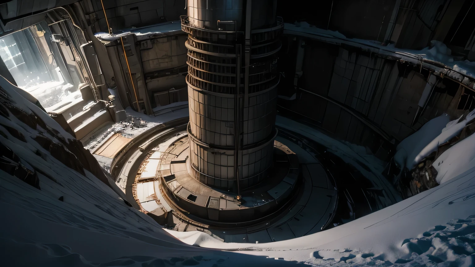 Dramatic lighting, chiaroscuro, looking down into an underground nuclear missile silo, ICBM, shaft, deep snow