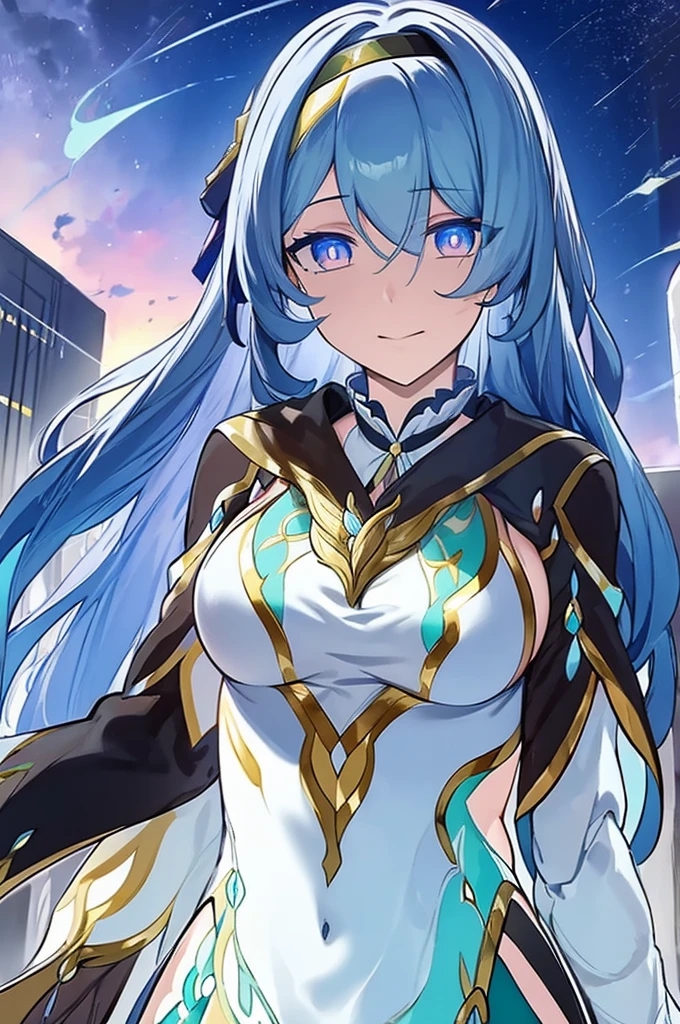 masterpiece,best quality,firefly \(honkai: star rail\), 1girl, solo, sky, star_\(sky\), looking_at_viewer, smile, long_hair, starry_sky, blue_eyes, bangs, night, hairband, night_sky, closed_mouth, white_hair, long_sleeves, black_hairband, wing_hair_ornament, hair_ornament, dress, hair_between_eyes, hews