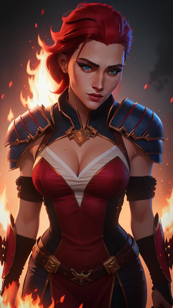 a close up of a woman with a sword and a fire in the background, alexstrasza, extremely detailed artgerm, miss fortune, brigitte from overwatch, katarina, miss fortune league of legends, brigitte, deviantart artstation cgscosiety, inspired by rossdraws, redhead queen in heavy red armor, wlop and rossdraws