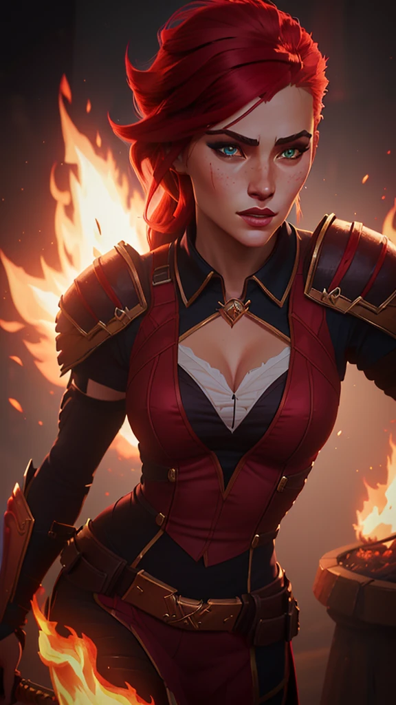 a close up of a woman with a sword and a fire in the background, alexstrasza, extremely detailed artgerm, miss fortune, brigitte from overwatch, katarina, miss fortune league of legends, brigitte, deviantart artstation cgscosiety, inspired by rossdraws, redhead queen in heavy red armor, wlop and rossdraws