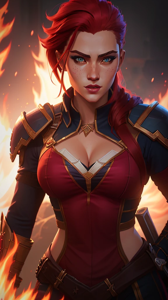 a close up of a woman with a sword and a fire in the background, alexstrasza, extremely detailed artgerm, miss fortune, brigitte from overwatch, katarina, miss fortune league of legends, brigitte, deviantart artstation cgscosiety, inspired by rossdraws, redhead queen in heavy red armor, wlop and rossdraws