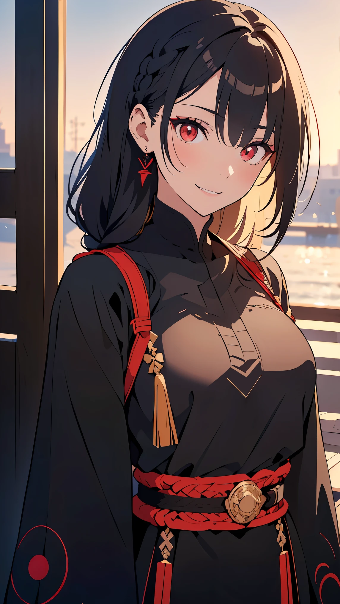 Anime,Girl1,triangle face,red eyes,black hair,braided ponytail hairstyle,Black eyeshadow,upper body,(Black Arabic abaya dress,waist belt,smile),(Highly detailed CG,module,8K wallpapers)،(Highest quality, high resolution, beautiful lighting, realistic shadow, high resolution)،(Detailed skin, highly detailed, detailed faces and eyes, realistic eyes)