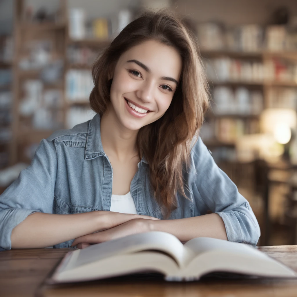 Close-up face of a young woman in her twenties with a beautiful smile, wearing casual clothes, next to a book in digital format that is free on a table