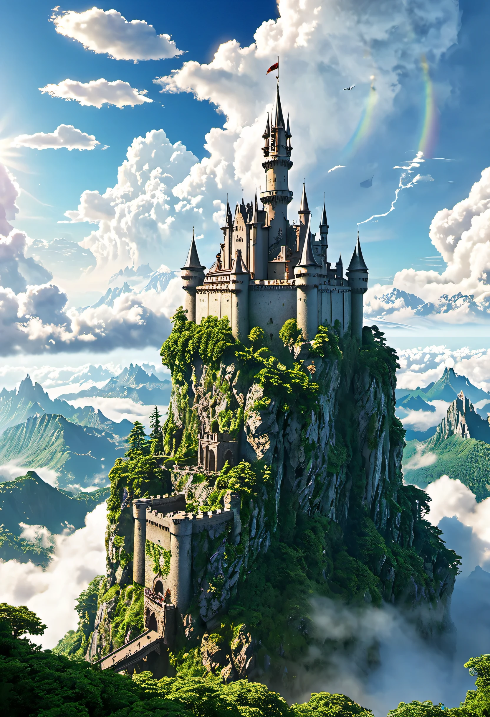 Create a detailed image of a floating castle high above the clouds. The castle is ancient, with majestic, weathered stone walls, tall spires, and lush greenery growing along its surfaces. Surrounding the castle are fluffy white clouds, with beams of sunlight piercing through. Below, a vast, serene landscape of mountains and forests can be seen. In the sky around the castle, a few small airships are flying, adding to the sense of adventure and wonder. The overall scene should evoke a magical, otherworldly feeling, reminiscent of a fantasy world.