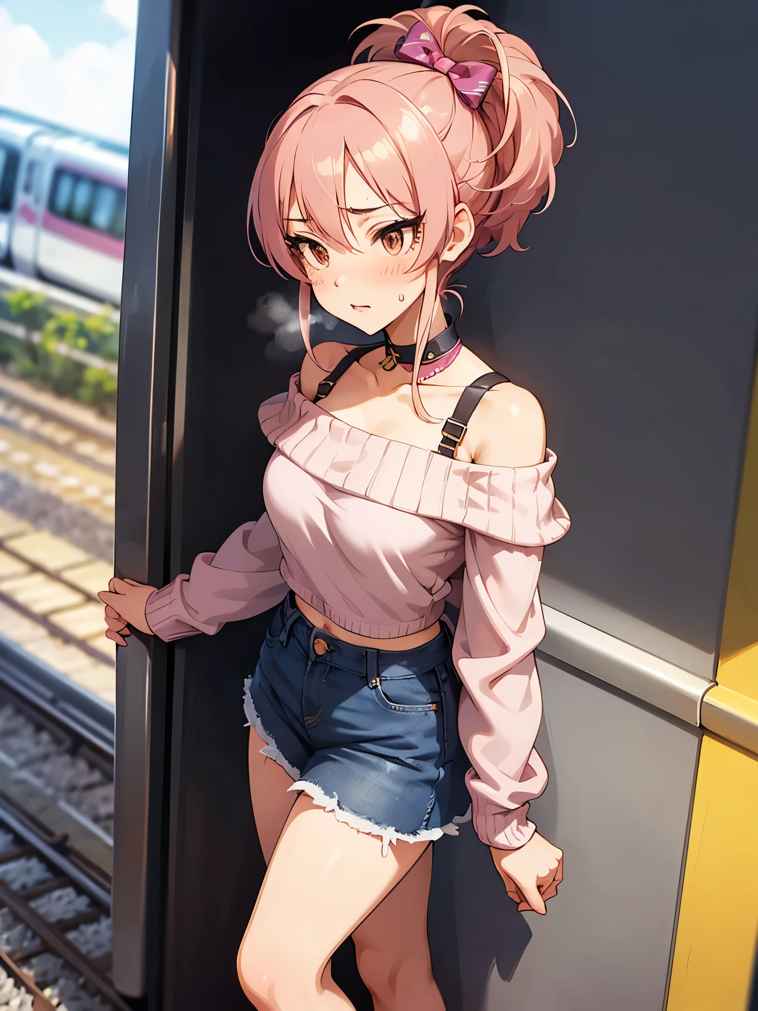 NSFW,Amica、ponytail、Hair Ribbon、clavicle,sweater,Off the shoulder,cropped,Pink plager,Denim mini skirt,stockings,Heel,(Perfect hands),(Perfect Anatomy),(masterpiece),(Highest quality),Embarrassed,blush,(train:1.5),Are standing