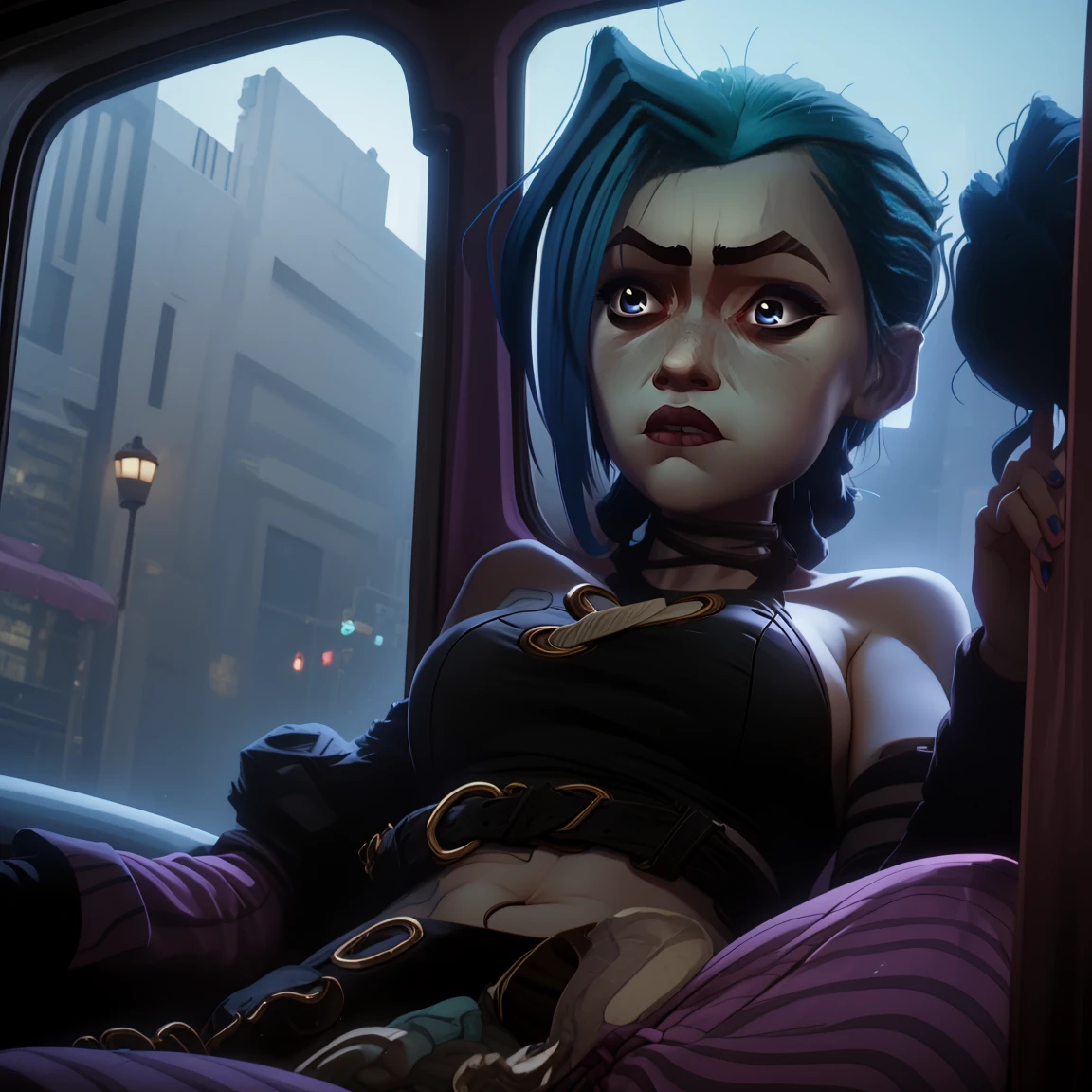 arcane, jinx, jinx outfit, sleeping inside a car at night, night lighting, cimenatic, rain on windows, sleeping, lying in car