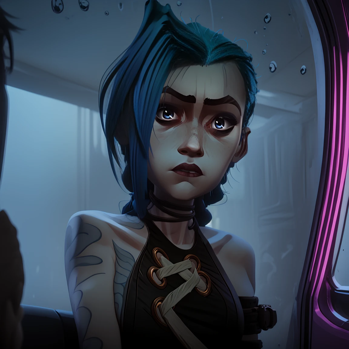 arcane, jinx, jinx outfit, sleeping inside a car at night, night lighting, cimenatic, rain on windows, sleeping, lying in car