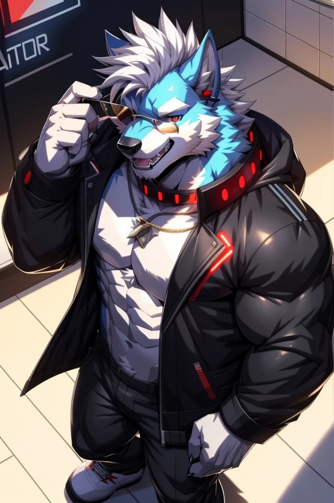 solo, anthro, furry, furry male, wolf, ((fluffy fur, fluffy, furry body)), (wolf print), red eyes, hair tuft, long hair, (light blue body, blue body, muscles), wolf tail, ((white hair, mohawk hair)), (white muzzle, white forearms), Camera Recording POV, Camera POV, security footage pov, phone in hand, detailed fluffy fur, detailed face, detailed eyes, puffy arctic coat cropped, puffy coat, winter coat, cropped coat, sunglasses, aviator sunglasses, black trousers, gold earring, tight clothes, white shoes, black aviator sunglasses, smaller arms (full body, round ass, fluffy ass, Red LED glowing collar), cyberpunk, valorant,(by DRKS, by raccoon21, by Sollyz, by null-ghost, masterpiece, high quality,hi res,8k hd), close-view portrait, looking at viewer, indoors, changing room, clothing store, cute face, open mouth, teeth, detailed teeth, grinning expression, camera view angled from above, heavy shadows, athletic build, full body,