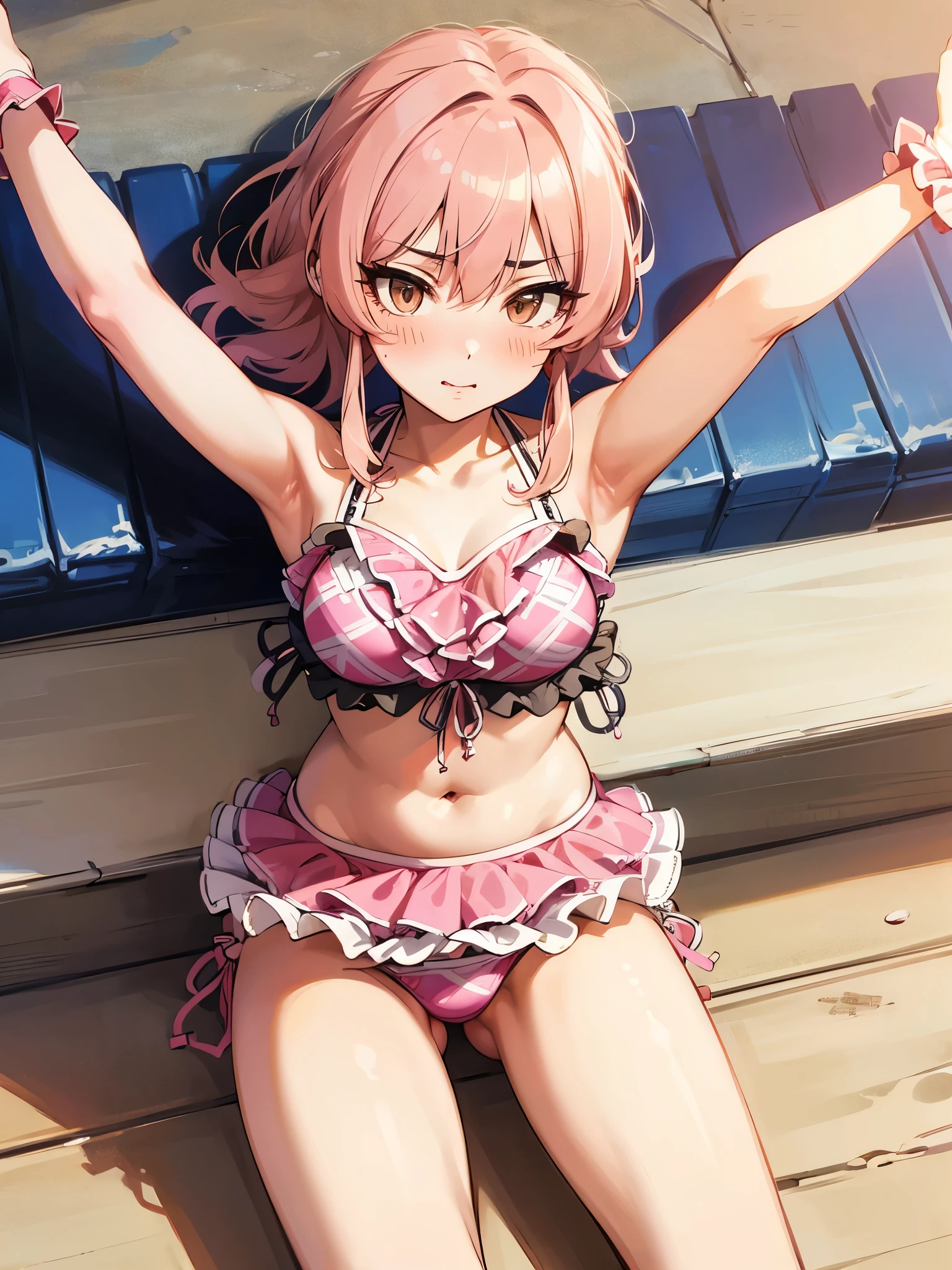 NSFW,Amica,(High-quality frill bikini:1.5),(Perfect hands),(Perfect Anatomy),(masterpiece),(Highest quality),Embarrassed,blush,beach,Palm tree,Rock Shade