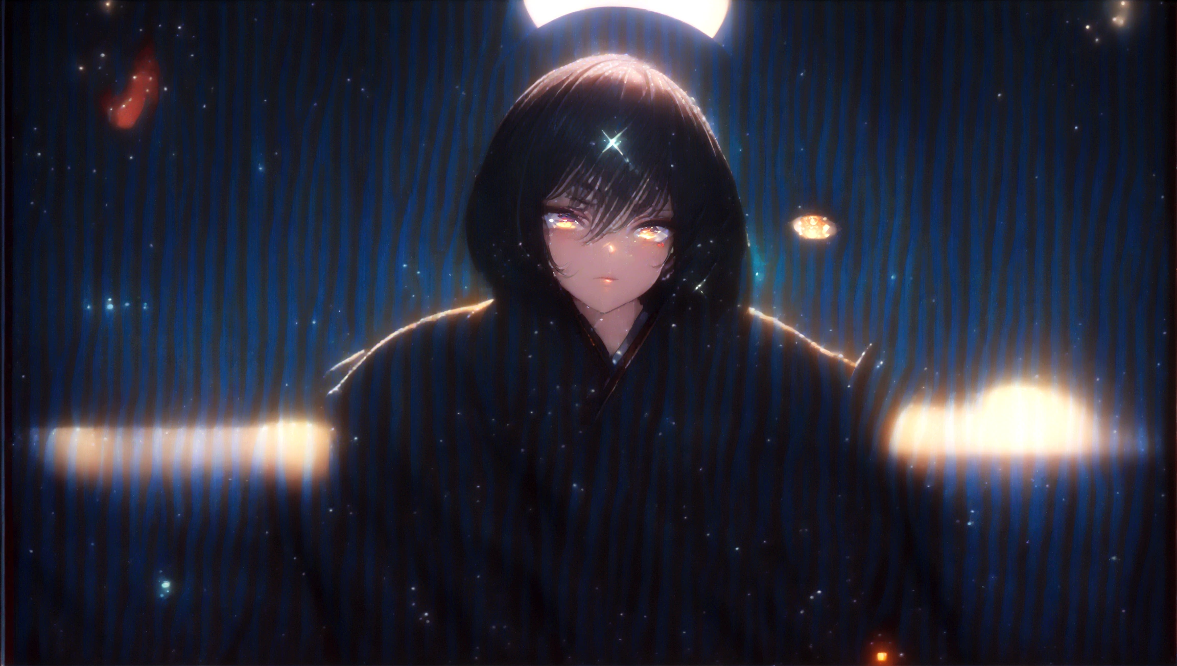 (extremely detailed 8K wallpaper),(ultra-detailed),(best quality),(masterpiece),(highly detailed),(cinematic lighting),(Original),Cold ligh,moody,(Chinese elaborate-style painting),1girl,solo,black hair,black robe,plain clothing and decoration,(((Eyes sparkling in the moonlight))),((villain image)),(((arrogant expression)))