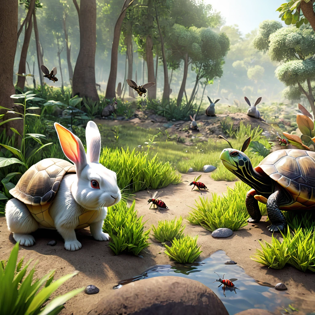In a wilderness, you can see rabbits, turtles, ants and other animals gathered, 3D rendering, photo realistic