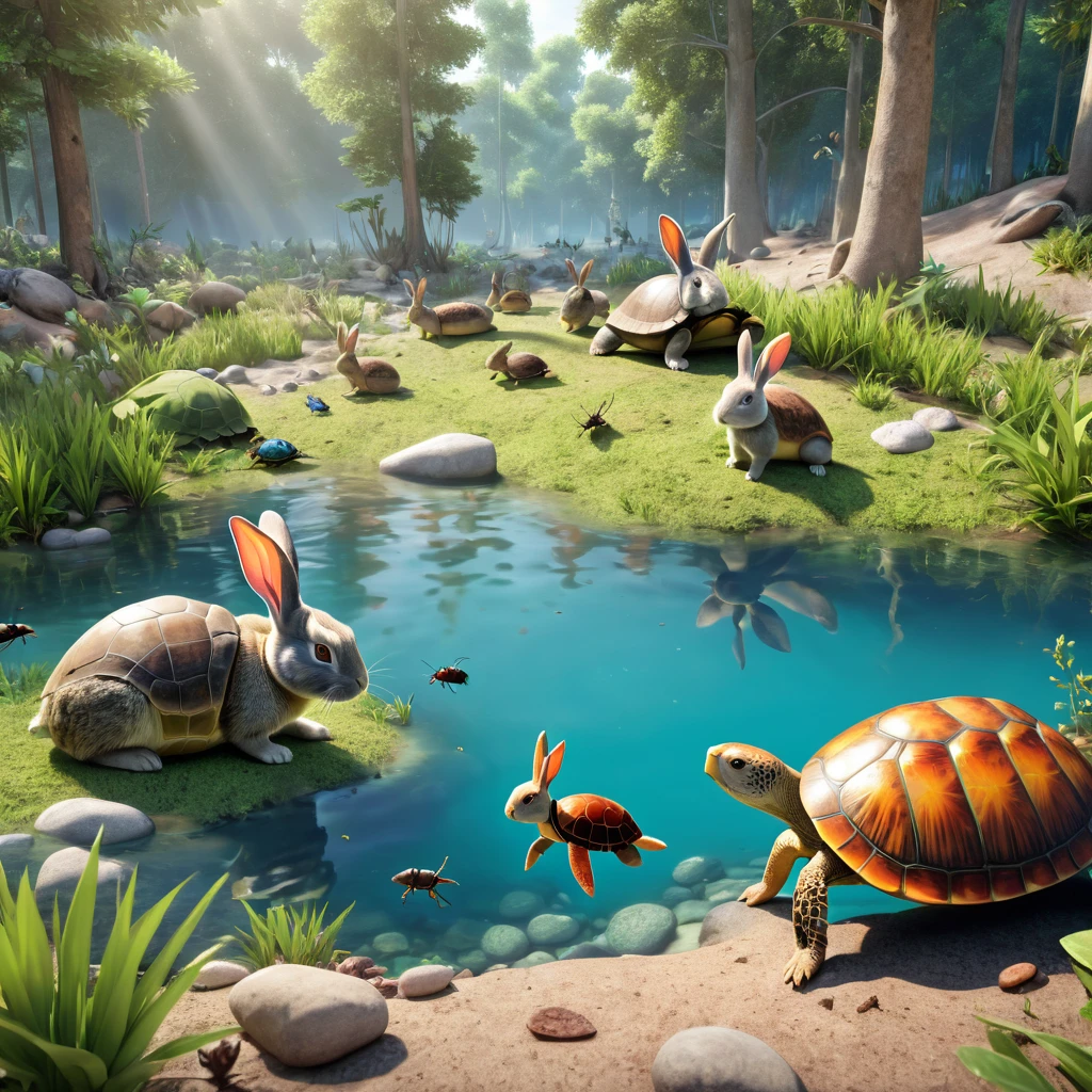 In a wilderness, you can see rabbits, turtles, ants and other animals gathered, 3D rendering, photo realistic