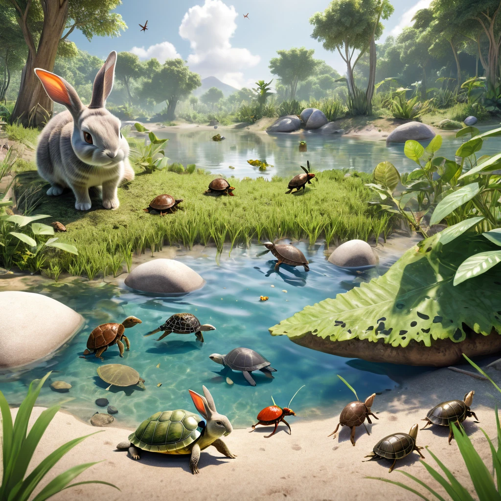 In a wilderness, you can see rabbits, turtles, ants and other animals gathered, 3D rendering, photo realistic