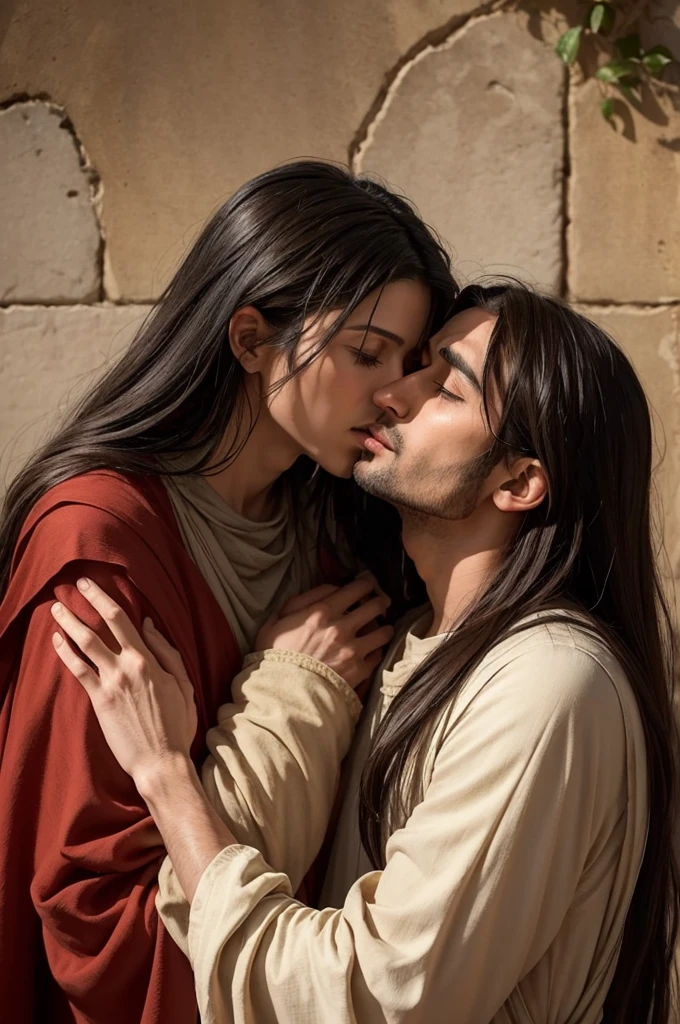 Generate an image of that passage from the Bible about Judas betraying Jesus and kissing him on the face in front of the garden of Gethsemane