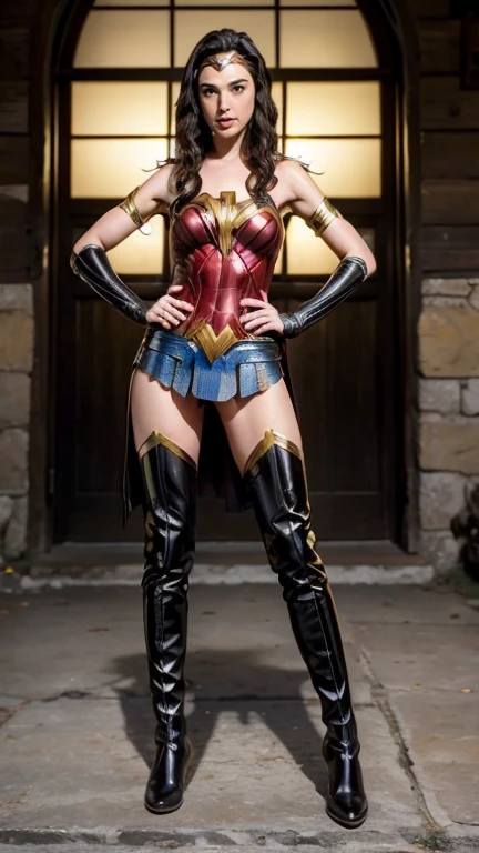 Uma linda mulher ((Gal Gadot:1.2)) with long flowing black hair, exquisite facial features, A playful smile, Olhos confiantes, uma figura alta, a two-piece costume-style pirate coat, amarelo como cor principal, complementado por detalhes em vermelho, long wrist protection gloves on hands, um cinto dourado na cintura com bainha curta, leather pants, knee high boots, standing with hands on hips in front of a tavern