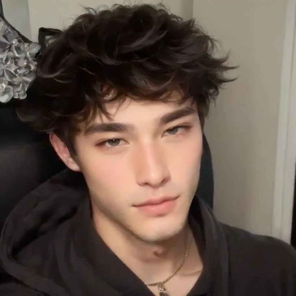 um close de um jovem com um moletom preto, his hair is messy and wild, 1 de 7 anos, rosto magro, profile picture with headshot, Serpentina do Twitch / jogador Ludwig, Tommy 1 6 anos, ele tem cabelo castanho curto e encaracolado, inspired by John Lucas, rosto bonito, half body head shot, Rosto bonito perfeito