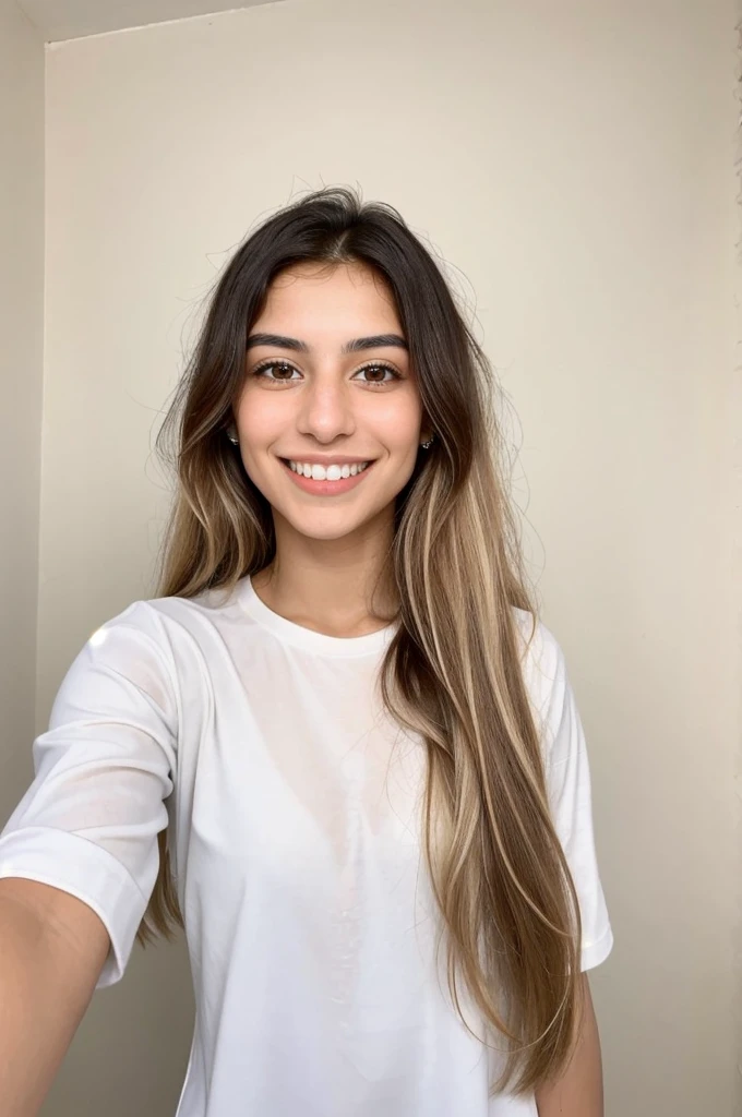 24YO, small nose, one attractive Jordanian women, light neon shirt, cute smile, cute face, white teethes, skinny face, light brown eyes, black/blonde long hair