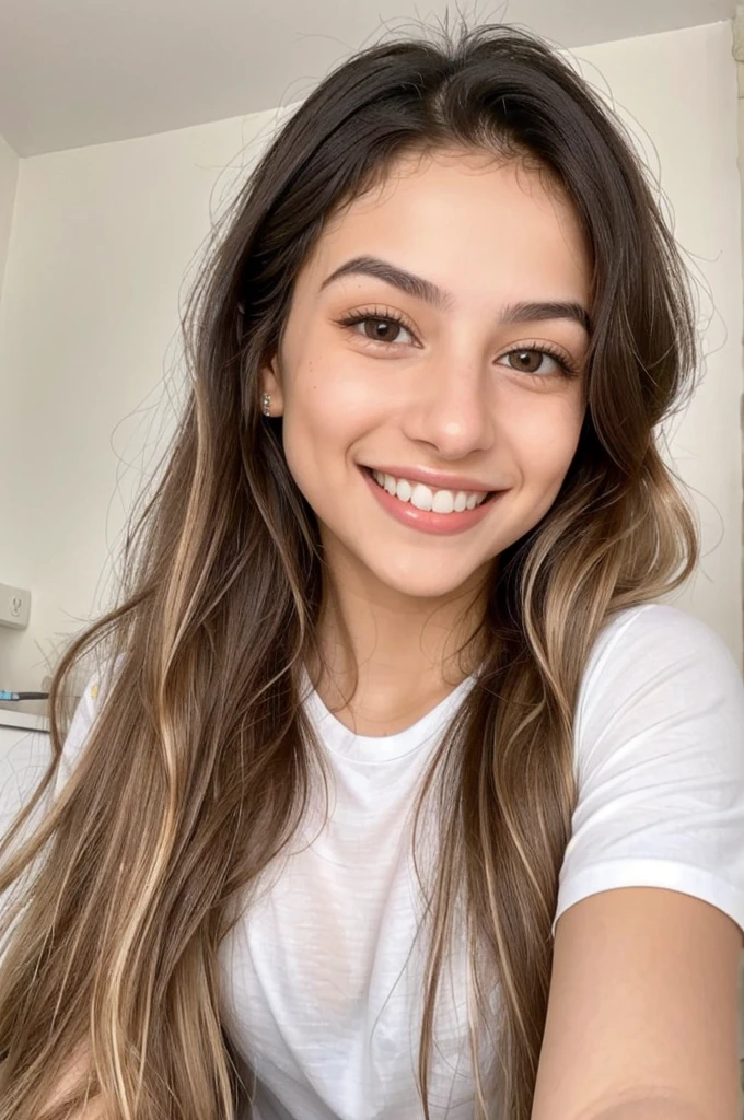 24YO, small nose, one attractive Jordanian women, light neon shirt, cute smile, cute face, white teethes, skinny face, light brown eyes,  black/blonde long hair