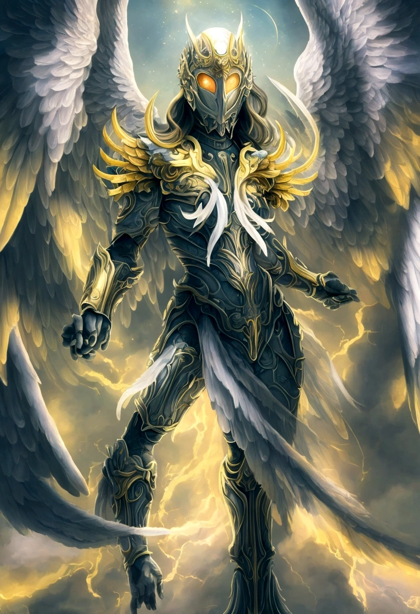 a painting of a woman with wings and a halo, angelic golden armor, armor angle with wing, angel in plastic armor, dressed in light armor, archangel, clothed in ethereal armor, full - body majestic angel, gold paladin, epic angel wings, holy paladin, with fiery golden wings of flame, clothed in ethereal battle armor, phoenix warrior