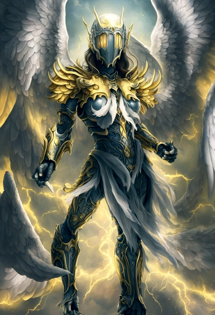 a painting of a woman with wings and a halo, angelic golden armor, armor angle with wing, angel in plastic armor, dressed in light armor, archangel, clothed in ethereal armor, full - body majestic angel, gold paladin, epic angel wings, holy paladin, with fiery golden wings of flame, clothed in ethereal battle armor, phoenix warrior