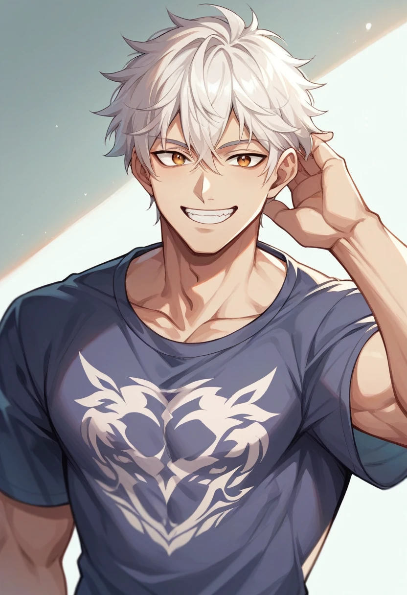 double eyelid、male、Muscular、Foreigners、White skin、smile、Smiling with teeth showing、White Hair、Set hairstyle、T-Shirts、Under the blazing sun、sunlight、summer、Dazzling