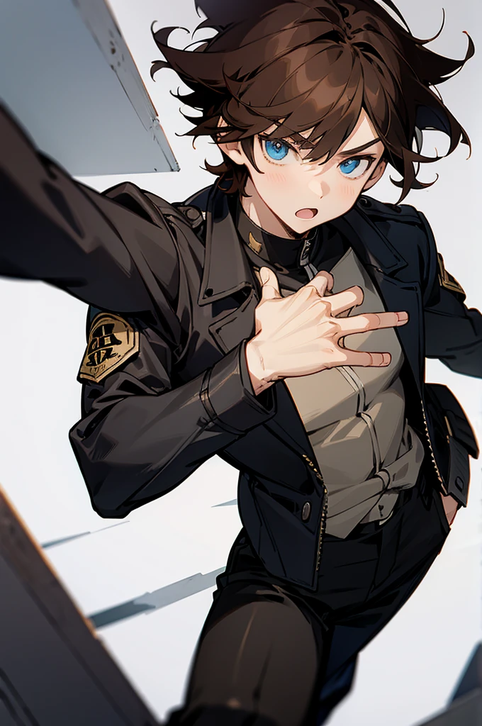 anime, boy, Brown hair, short hair, blue eyes, stylish jacket, black pants