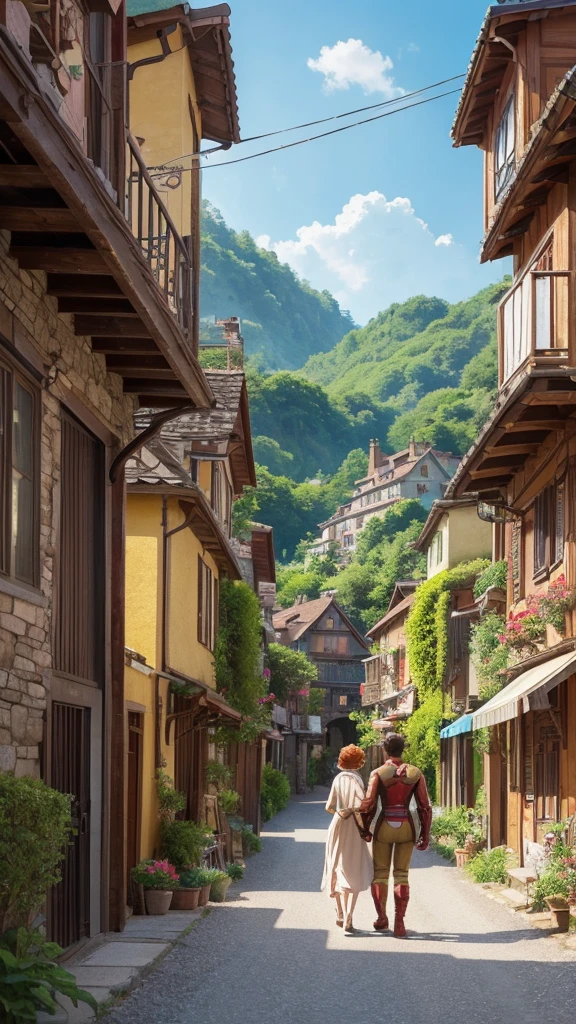 /imagine prompt: A high-resolution illustration of Iron Man in a Studio Ghibli style, gently helping an elderly woman across a charming, rustic village street. The background features detailed, whimsical houses and vibrant greenery. Created using: digital art, vibrant color palette, dynamic composition, Ghibli style, detailed textures, hd quality --ar 16:9 --v 6.0