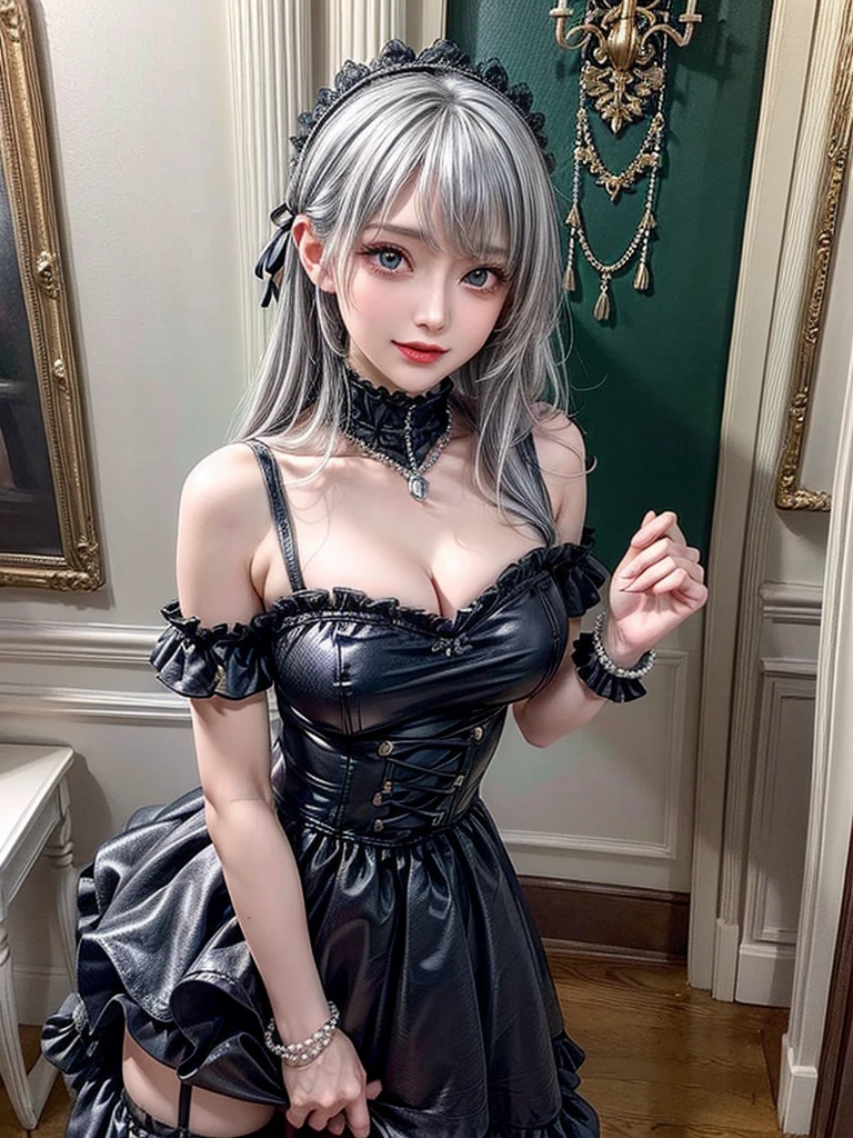 (8K, Photorealistic, Raw photo, of the highest quality: 1.3), (1girl in), Super beautiful, (Realistic face), (boyish, Silver Color Berry Shorthair), Beautiful , Glare that captivates the viewer, Beautiful expression, Beautiful breasts, (Realistic skin), Be...Super high quality, super high definition, super detailed, masterpiece, 20years old, female, cute, perfect face, beautiful, nice body, gothic lolita clothes, gothic lolita fashion, frilly skirt, long skirt, headdress, necklace, bracelet, knee-high socks, boots, double eyelids, tear bags, Detailed down to the fingers, photo-like description, indoors, dim indoor lighting, Blue-tinged silver hair, red eye on the right eye and blue eye on the left eye, long hair, standing, whole body, composition that shows the whole body, smiling,Luminous Valentine from That Time I Got Reincarnated as a Slime