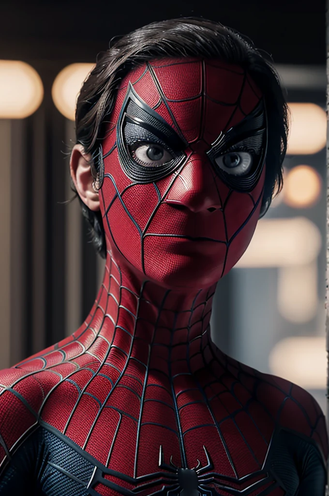 A photograph of Spider-Man., sin mascara, the 20s, elegante, cara detallada, looking to the camera, retrato, 8k hd, alta calidad
