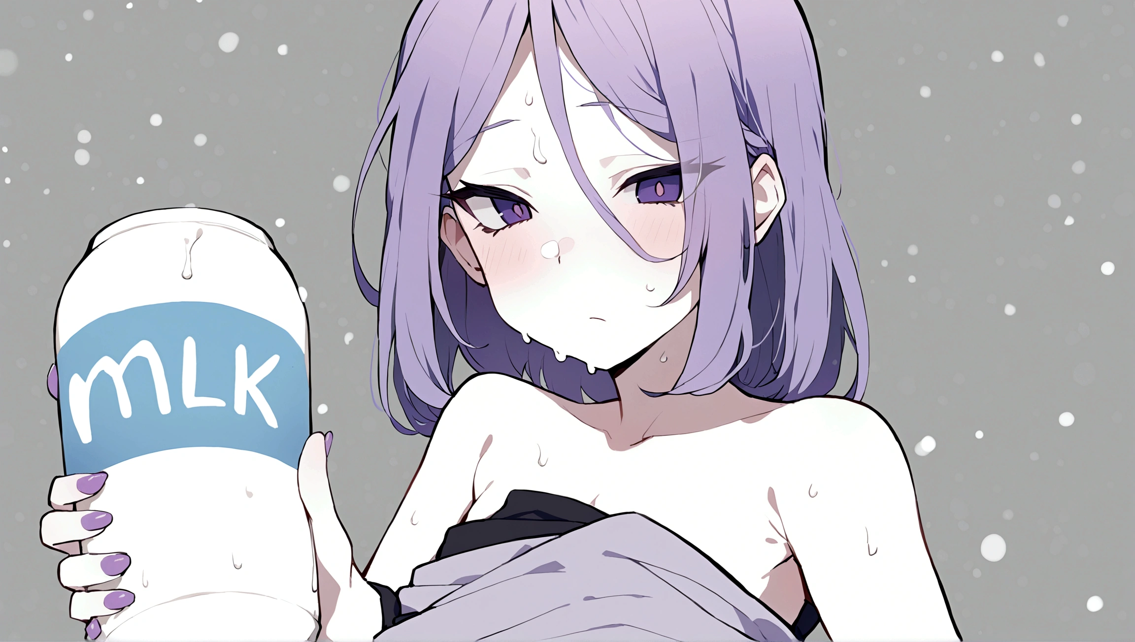 1 person，Purple colored hair，black toga，Cold，Purple hideous eyes，teens girl，Poor milk