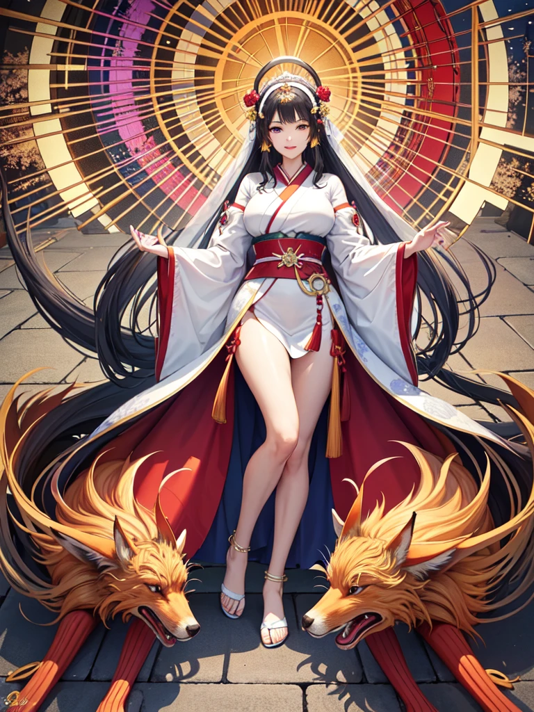 (masterpiece, top quality, best quality, official art, beautiful and aesthetic:1.2), (1girl), extreme detailed,(fractal art:1.3),colorful,highest detailed. Stunning Beauty Voluptuous Japanese Bride. Smile. Wedding ring. Wearing Japanese traditional wedding dress with slits, and transparent veils. Traditional magatama jewelry accessories. Beautiful belly, beautiful waist, beautiful thighs, and beautiful legs. Full body photo, head to toes, wide angle. Background on the sacred Japanese shinto shrine with a Nine Tails Fox Statue. HD image, colorful image, very detailed anatomy, very detailed background.