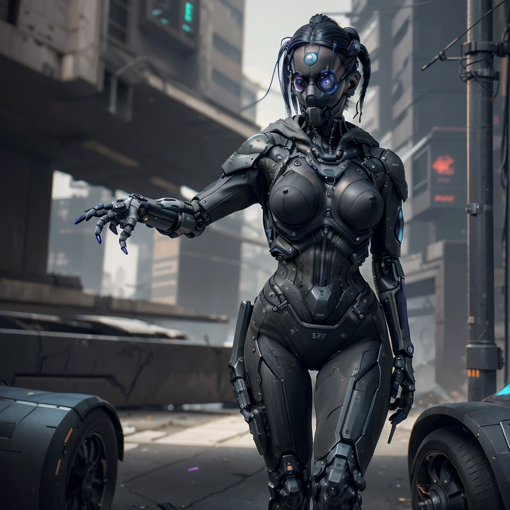 arafed woman in a black outfit and a gas mask, all black cyberpunk clothes, cyberpunk outfit, cyberpunk fashion clothes, cyberpunk style outfit, wearing techwear and armor, cyberpunk outfits, cyberpunk fashion clothing, cyberpunk clothes, dystopian scifi outfit, photograph of a techwear woman, cyberpunk streetwear, wearing cyberpunk streetwear, cyberpunk fashion, cyberpunk high fashion, style of cyberpunk, ((Best quality)), ((masterpiece)), (detailed:1.4), 3D, an image of a beautiful cyberpunk female,HDR (High Dynamic Range),Ray Tracing,NVIDIA RTX,Super-Resolution,Unreal 5,Subsurface scattering,PBR Texturing,Post-processing,Anisotropic Filtering,Depth-of-field,Maximum clarity and sharpness,Multi-layered textures,Albedo and Specular maps,Surface shading,Accurate simulation of light-material interaction,Perfect proportions,Octane Render,Two-tone lighting,Wide aperture,Low ISO,White balance,Rule of thirds,8K RAW, asian skin tone, intricate, elegant, realistic depth of field photography, perfect natural lighting (masterpiece, sidelighting, finely detailed beautiful eyes: 1.2), long hair, realistic lots of hair, realistic suit, realistic human face, realistic cyber city background, girl with robot arm, girl with body robot,